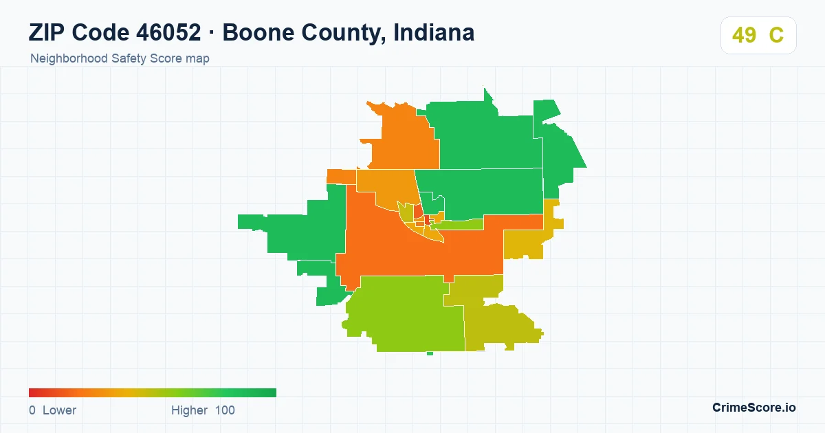 ZIP Code 46052 in Boone County, Indiana neighborhood Safety Score map
