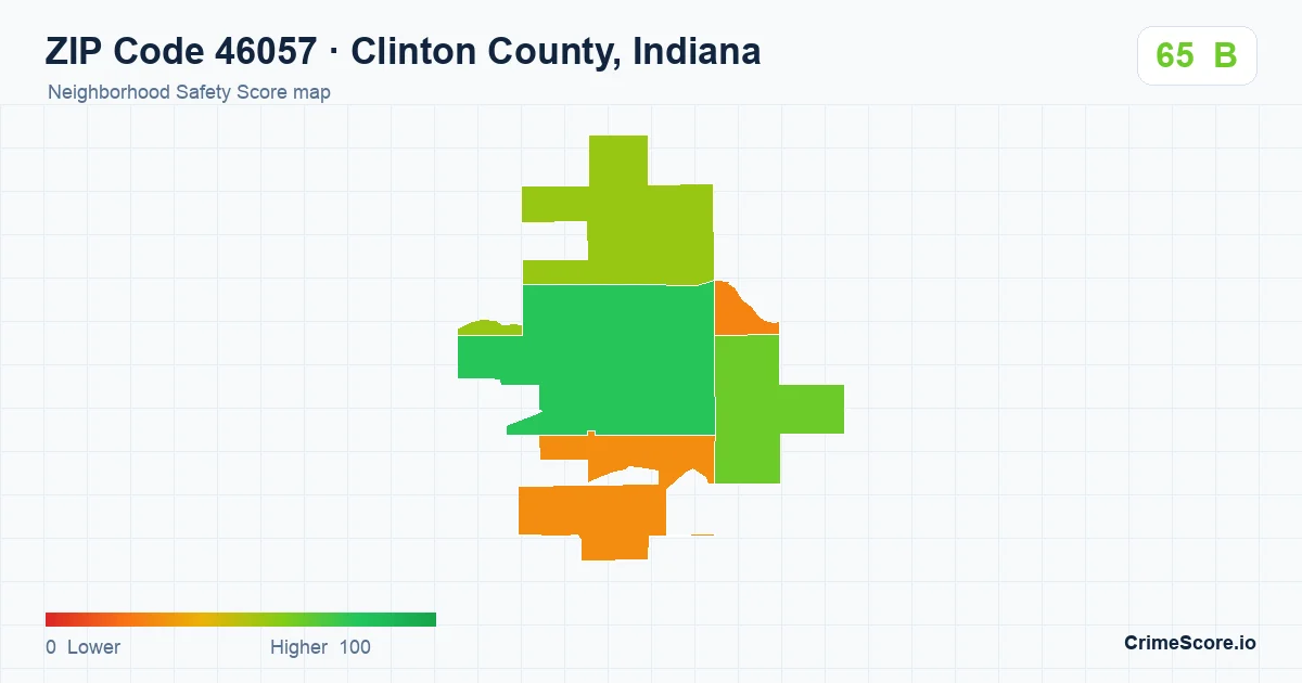 ZIP Code 46057 in Clinton County, Indiana neighborhood Safety Score map