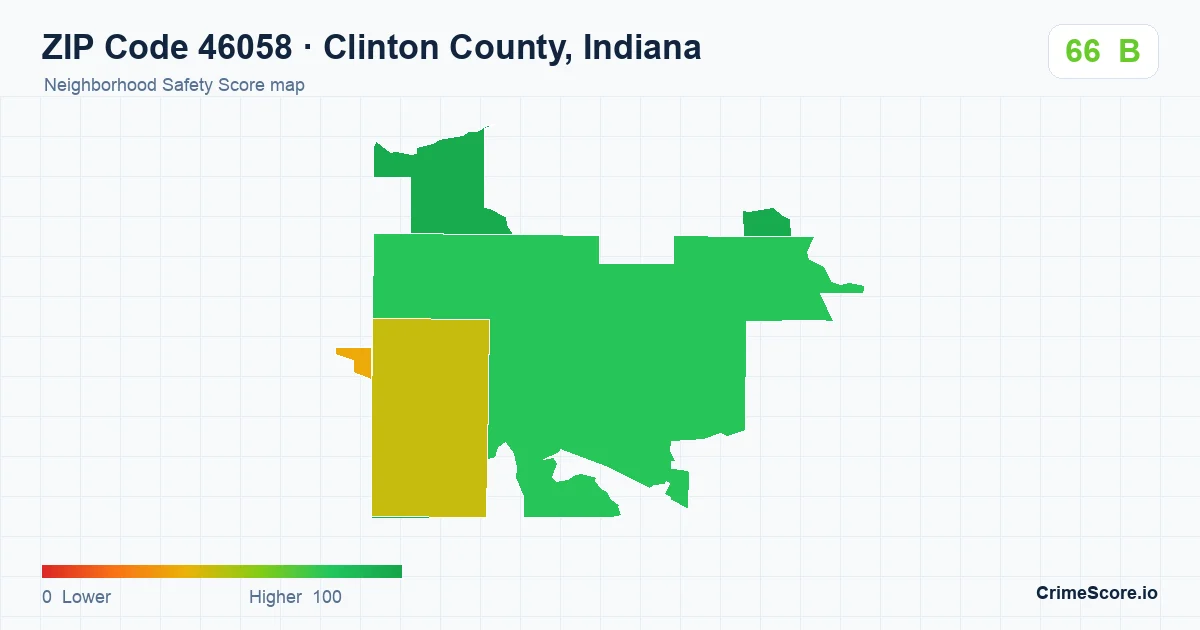ZIP Code 46058 in Clinton County, Indiana neighborhood Safety Score map