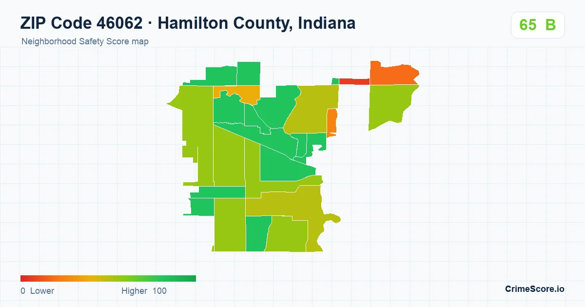 ZIP Code 46062 in Hamilton County, Indiana neighborhood Safety Score map