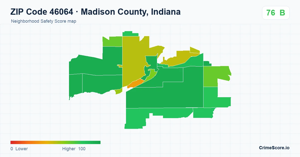 ZIP Code 46064 in Madison County, Indiana neighborhood Safety Score map