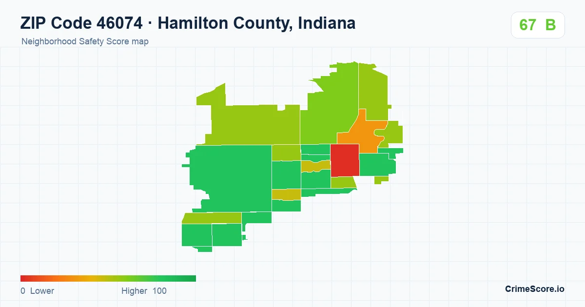 ZIP Code 46074 in Hamilton County, Indiana neighborhood Safety Score map