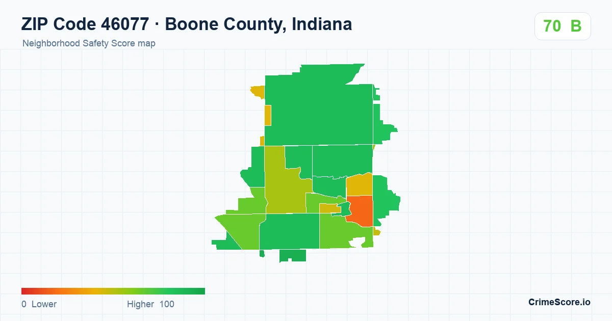 ZIP Code 46077 in Boone County, Indiana neighborhood Safety Score map