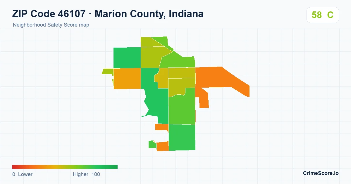 ZIP Code 46107 in Marion County, Indiana neighborhood Safety Score map