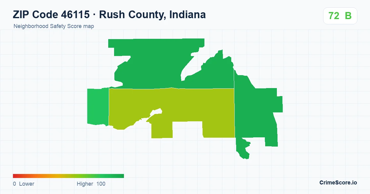 ZIP Code 46115 in Rush County, Indiana neighborhood Safety Score map