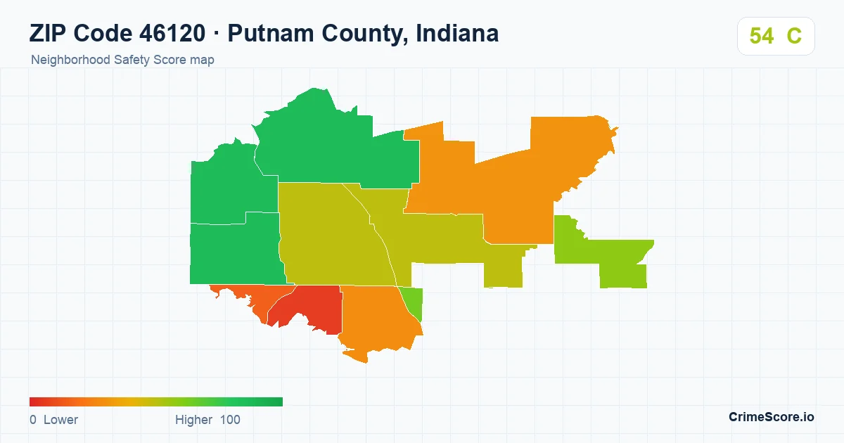 ZIP Code 46120 in Putnam County, Indiana neighborhood Safety Score map