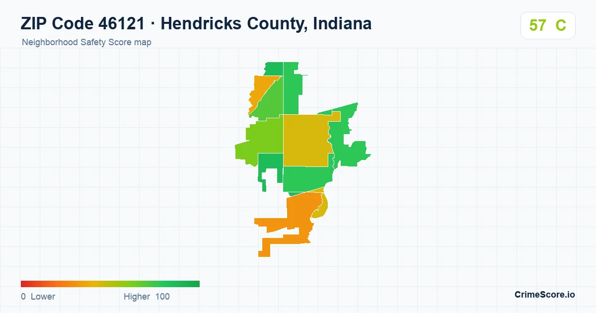 ZIP Code 46121 in Hendricks County, Indiana neighborhood Safety Score map