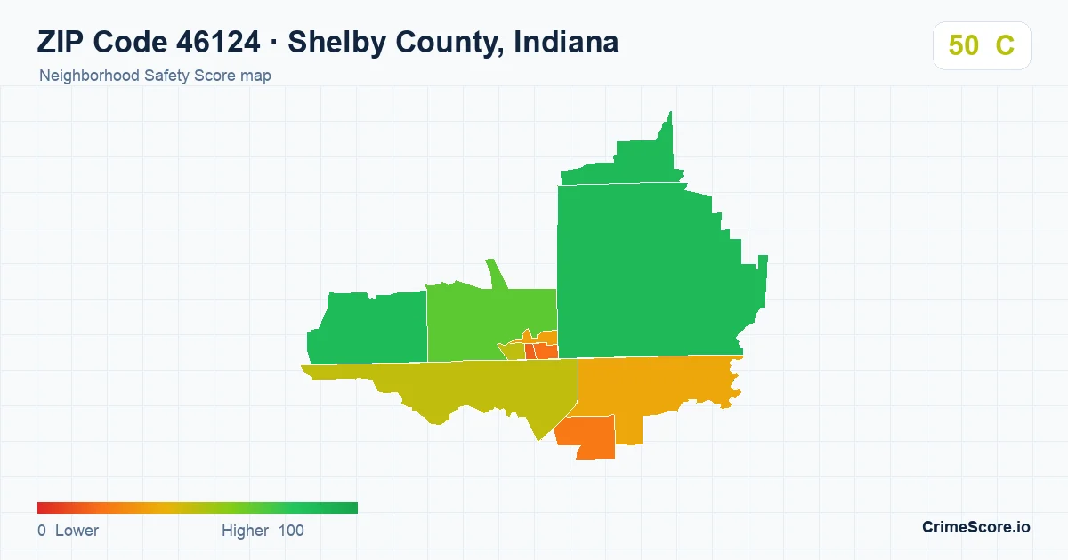 ZIP Code 46124 in Shelby County, Indiana neighborhood Safety Score map