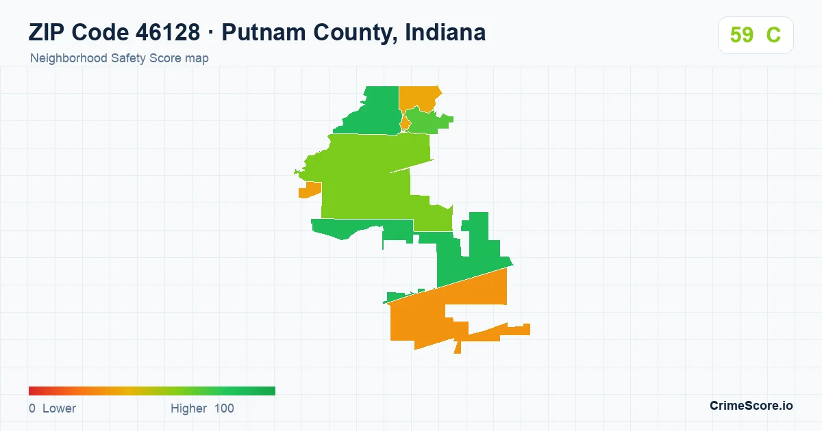 ZIP Code 46128 in Putnam County, Indiana neighborhood Safety Score map