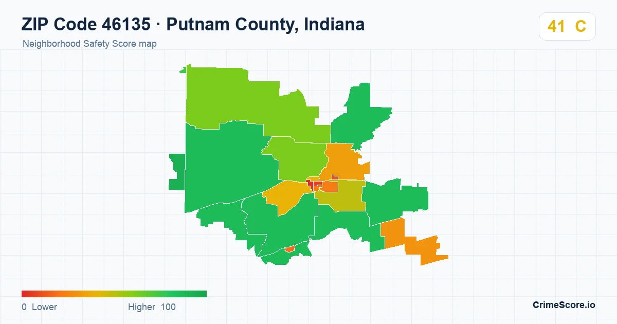 ZIP Code 46135 in Putnam County, Indiana neighborhood Safety Score map