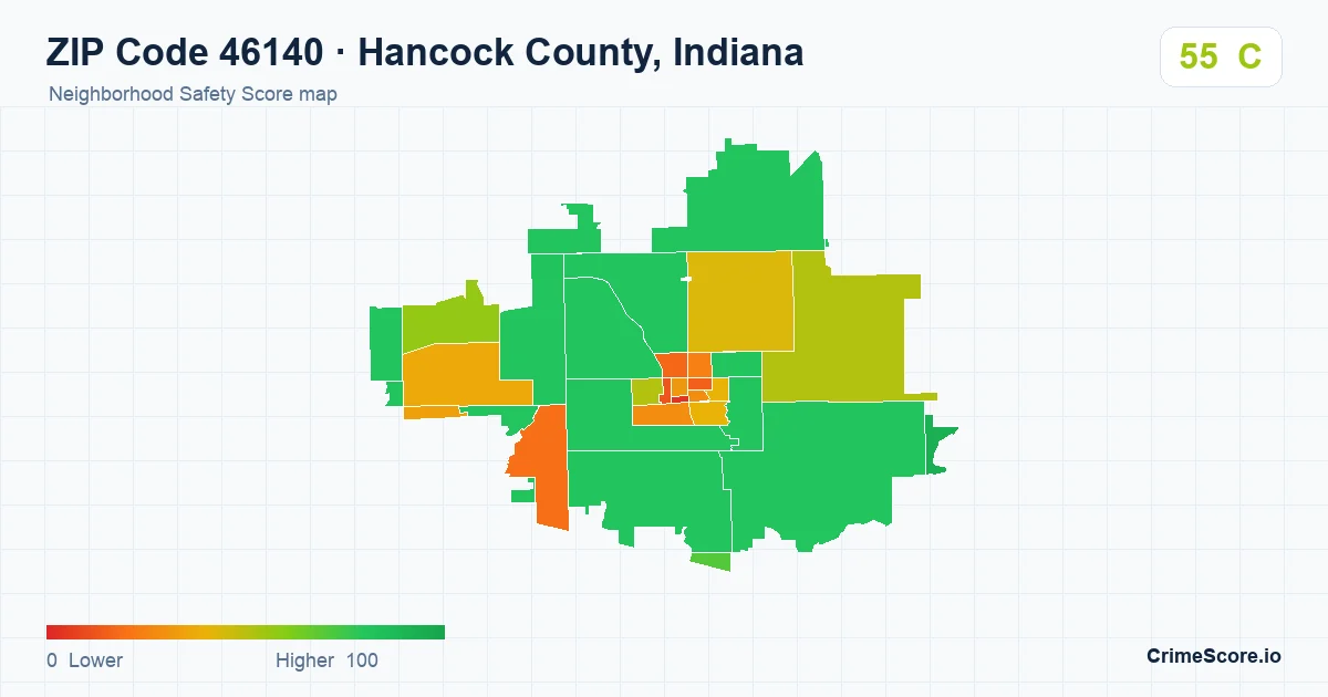 ZIP Code 46140 in Hancock County, Indiana neighborhood Safety Score map