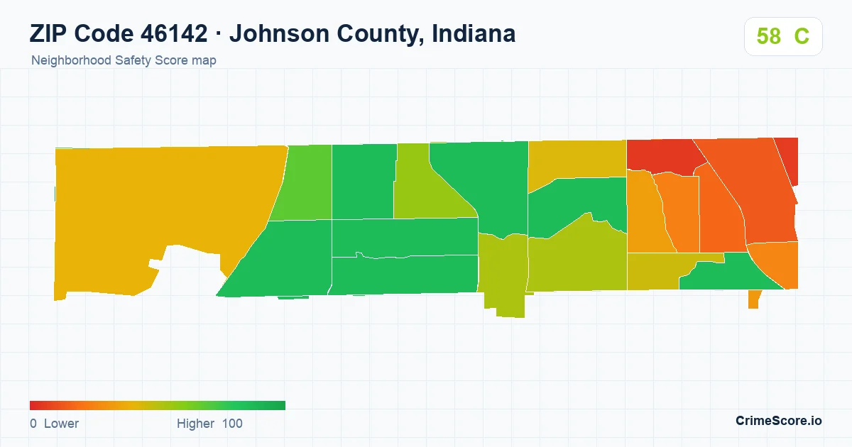 ZIP Code 46142 in Johnson County, Indiana neighborhood Safety Score map