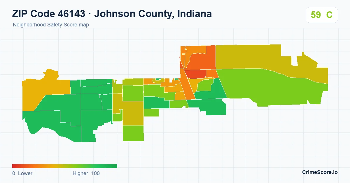 ZIP Code 46143 in Johnson County, Indiana neighborhood Safety Score map