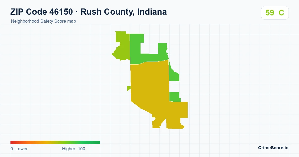 ZIP Code 46150 in Rush County, Indiana neighborhood Safety Score map
