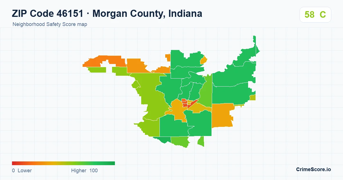 ZIP Code 46151 in Morgan County, Indiana neighborhood Safety Score map