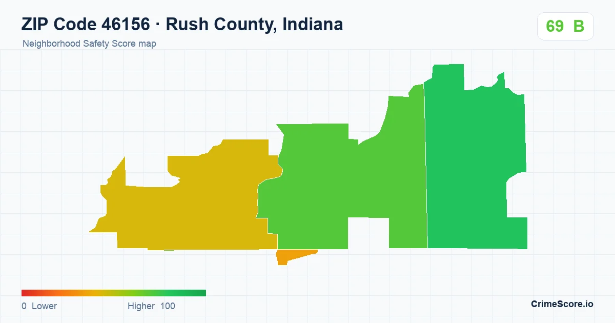 ZIP Code 46156 in Rush County, Indiana neighborhood Safety Score map