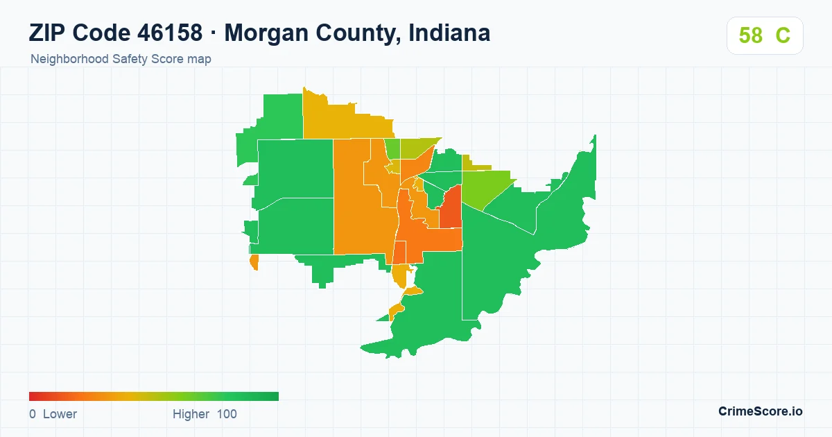 ZIP Code 46158 in Morgan County, Indiana neighborhood Safety Score map