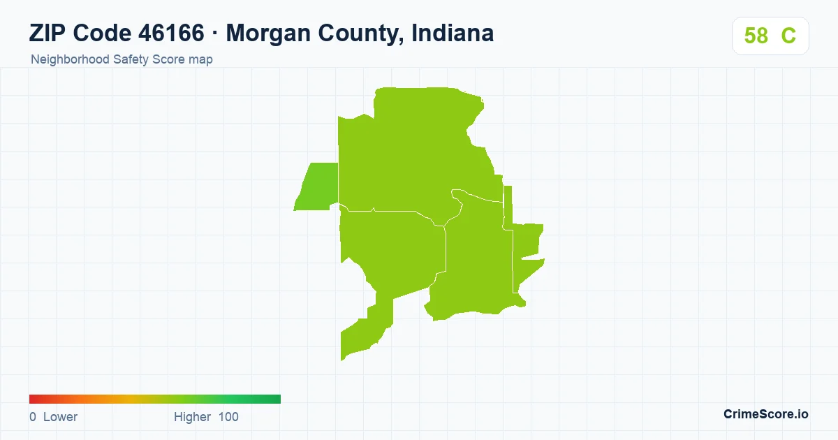 ZIP Code 46166 in Morgan County, Indiana neighborhood Safety Score map
