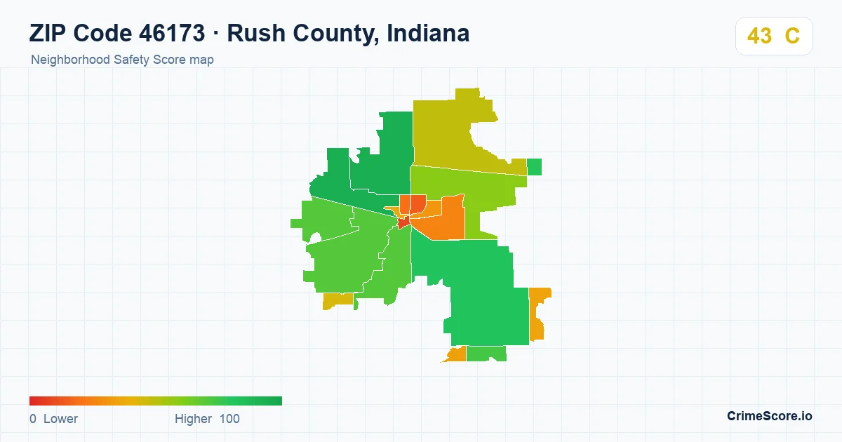 ZIP Code 46173 in Rush County, Indiana neighborhood Safety Score map