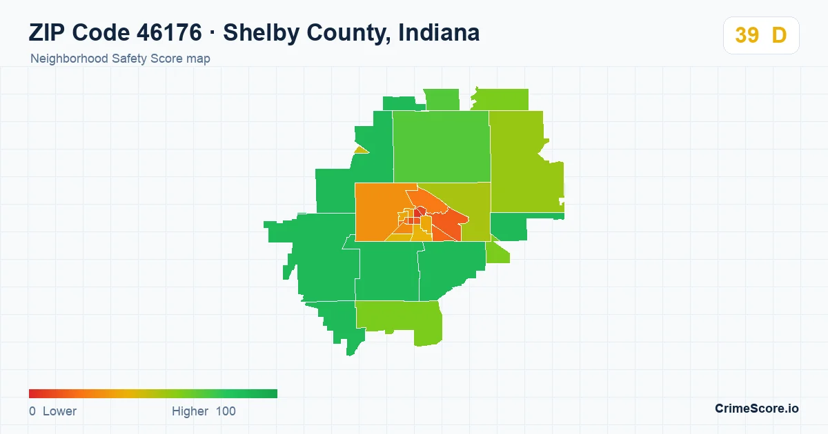 ZIP Code 46176 in Shelby County, Indiana neighborhood Safety Score map