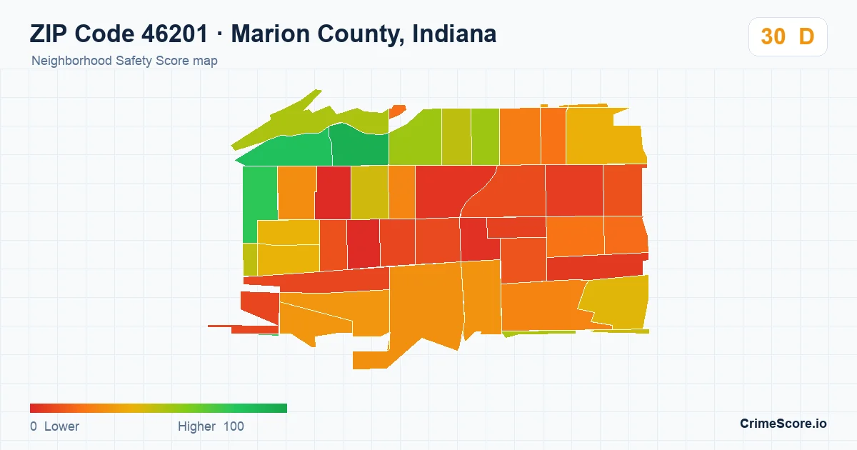 ZIP Code 46201 in Marion County, Indiana neighborhood Safety Score map