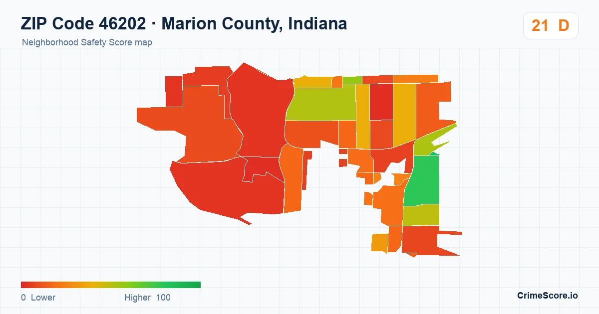 ZIP Code 46202 in Marion County, Indiana neighborhood Safety Score map
