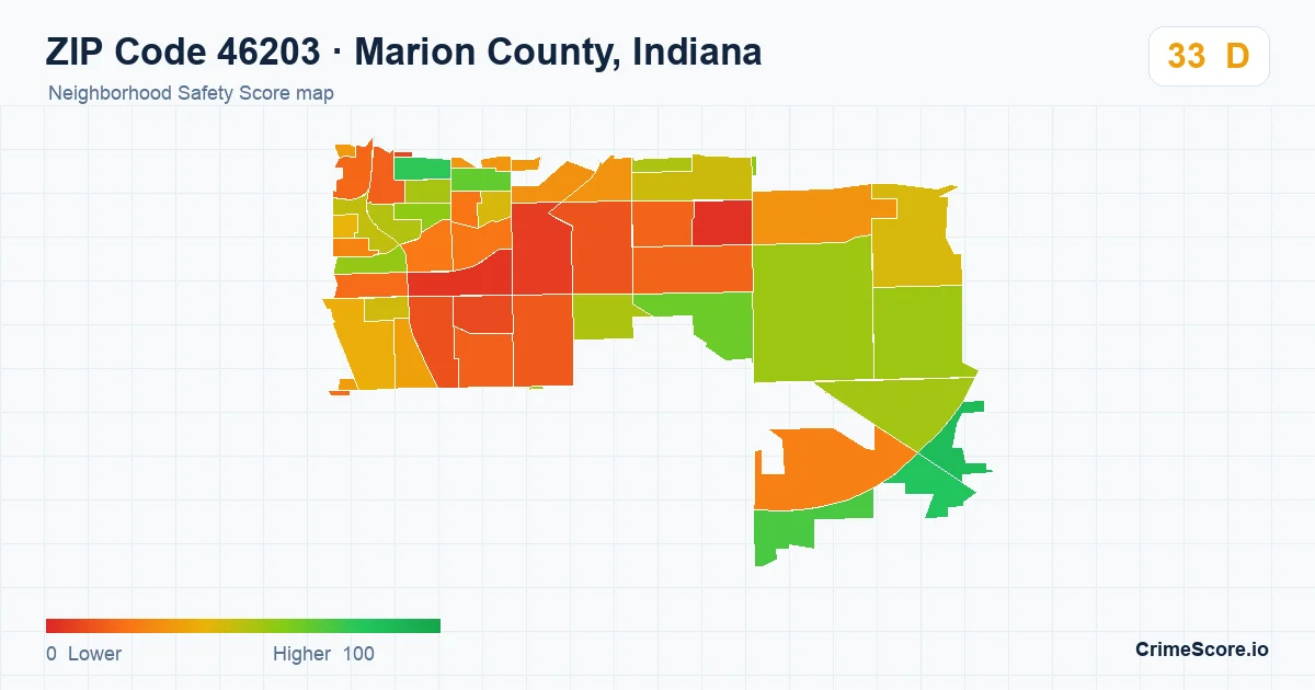 ZIP Code 46203 in Marion County, Indiana neighborhood Safety Score map