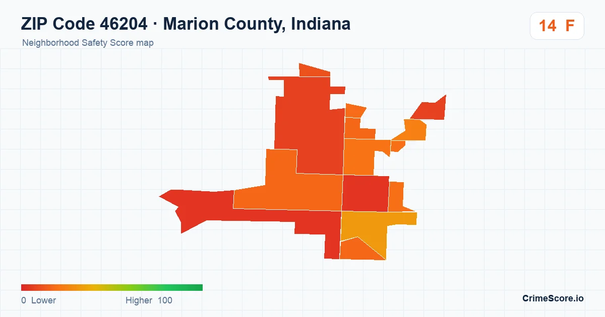 ZIP Code 46204 in Marion County, Indiana neighborhood Safety Score map