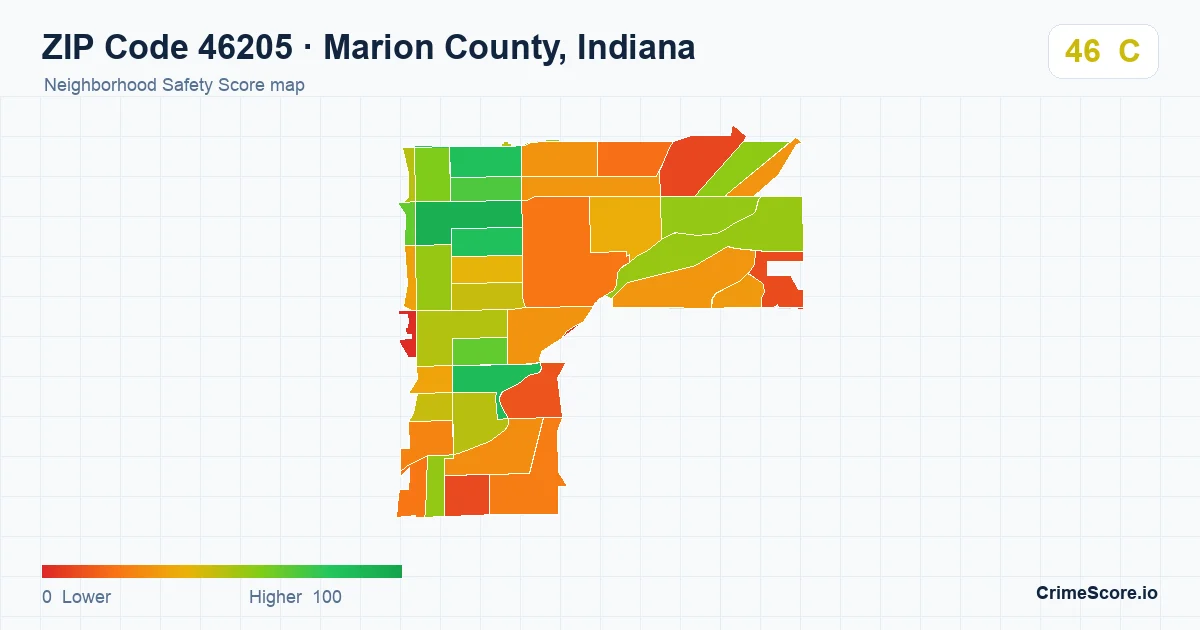 ZIP Code 46205 in Marion County, Indiana neighborhood Safety Score map
