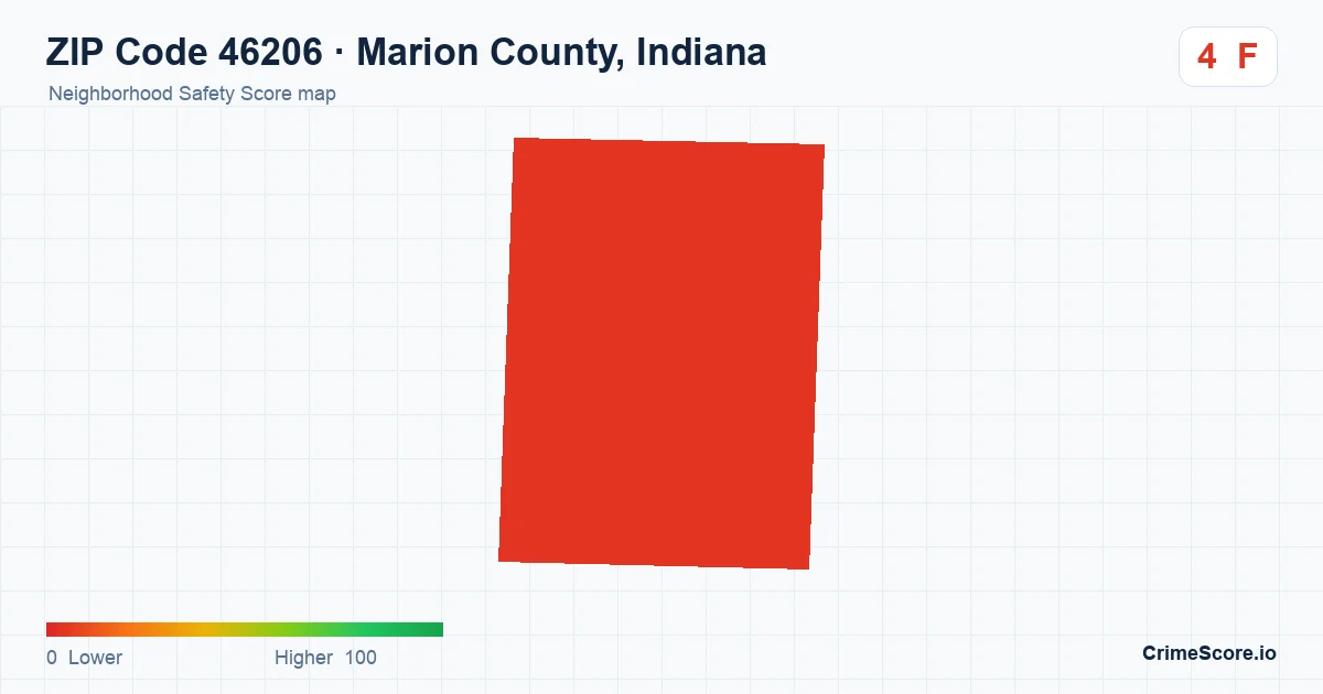 ZIP Code 46206 in Marion County, Indiana neighborhood Safety Score map