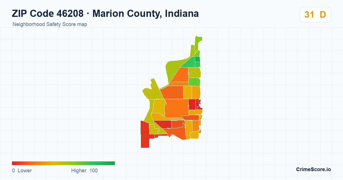 ZIP Code 46208 in Marion County, Indiana neighborhood Safety Score map