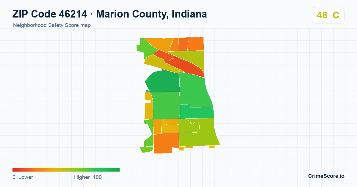 ZIP Code 46214 in Marion County, Indiana neighborhood Safety Score map