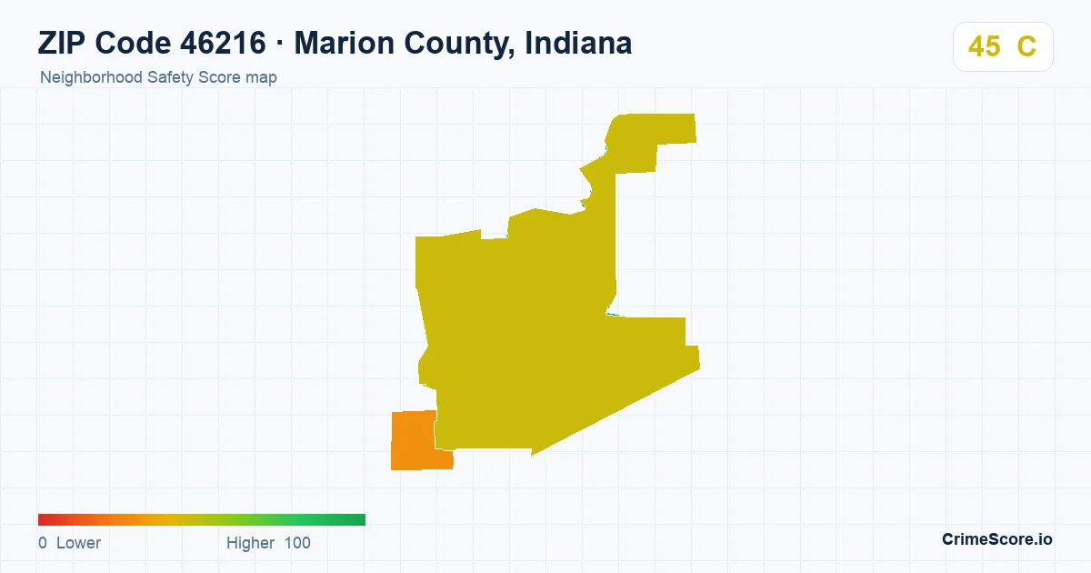 ZIP Code 46216 in Marion County, Indiana neighborhood Safety Score map