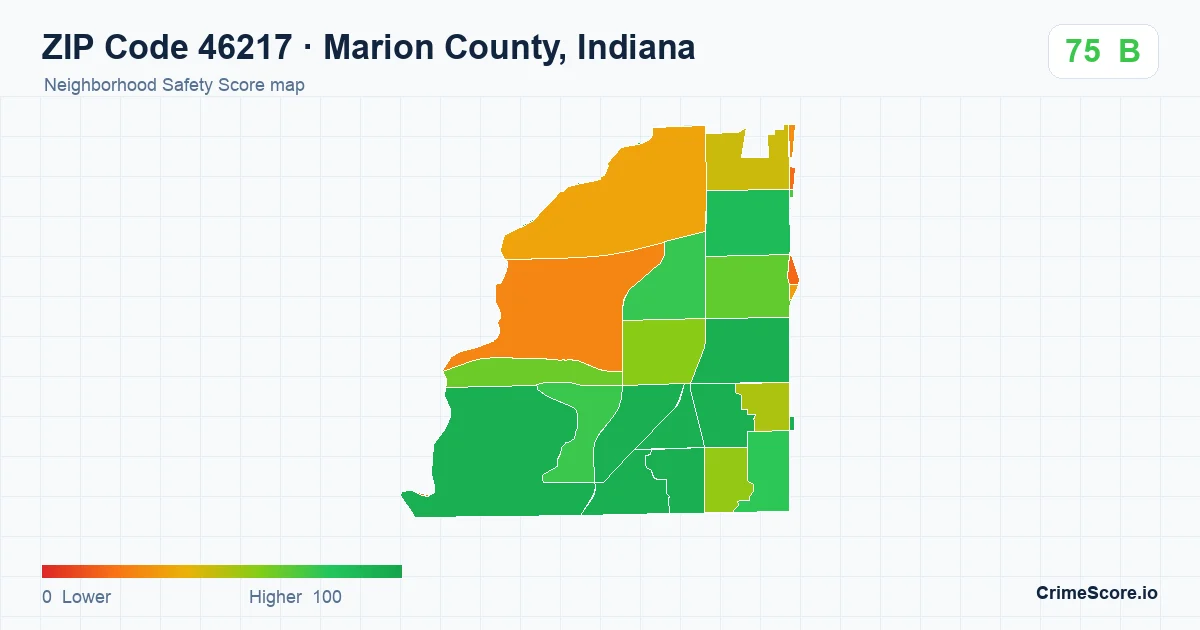 ZIP Code 46217 in Marion County, Indiana neighborhood Safety Score map