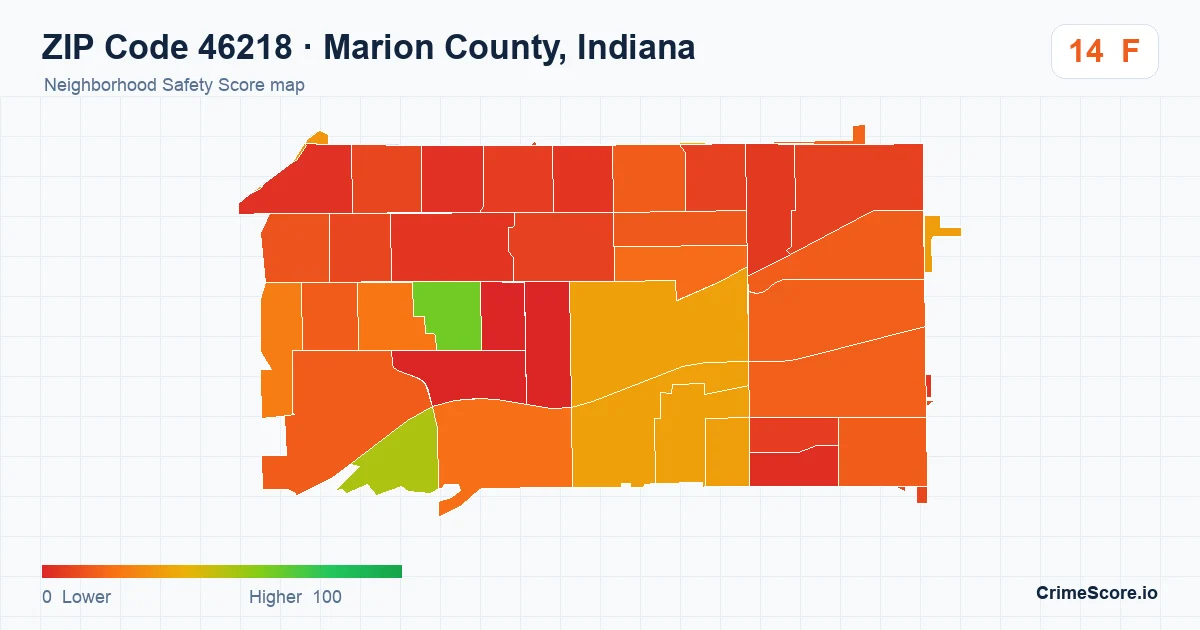 ZIP Code 46218 in Marion County, Indiana neighborhood Safety Score map
