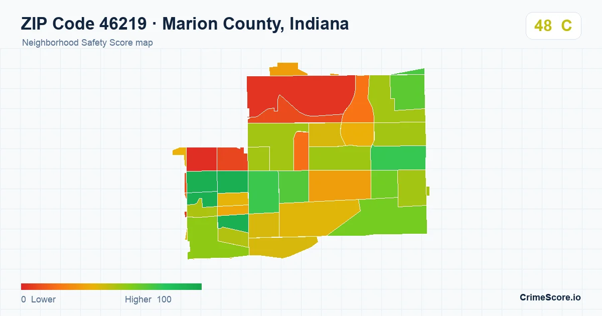 ZIP Code 46219 in Marion County, Indiana neighborhood Safety Score map