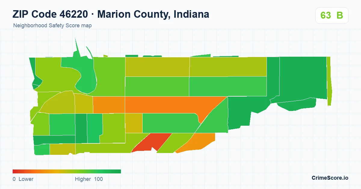 ZIP Code 46220 in Marion County, Indiana neighborhood Safety Score map