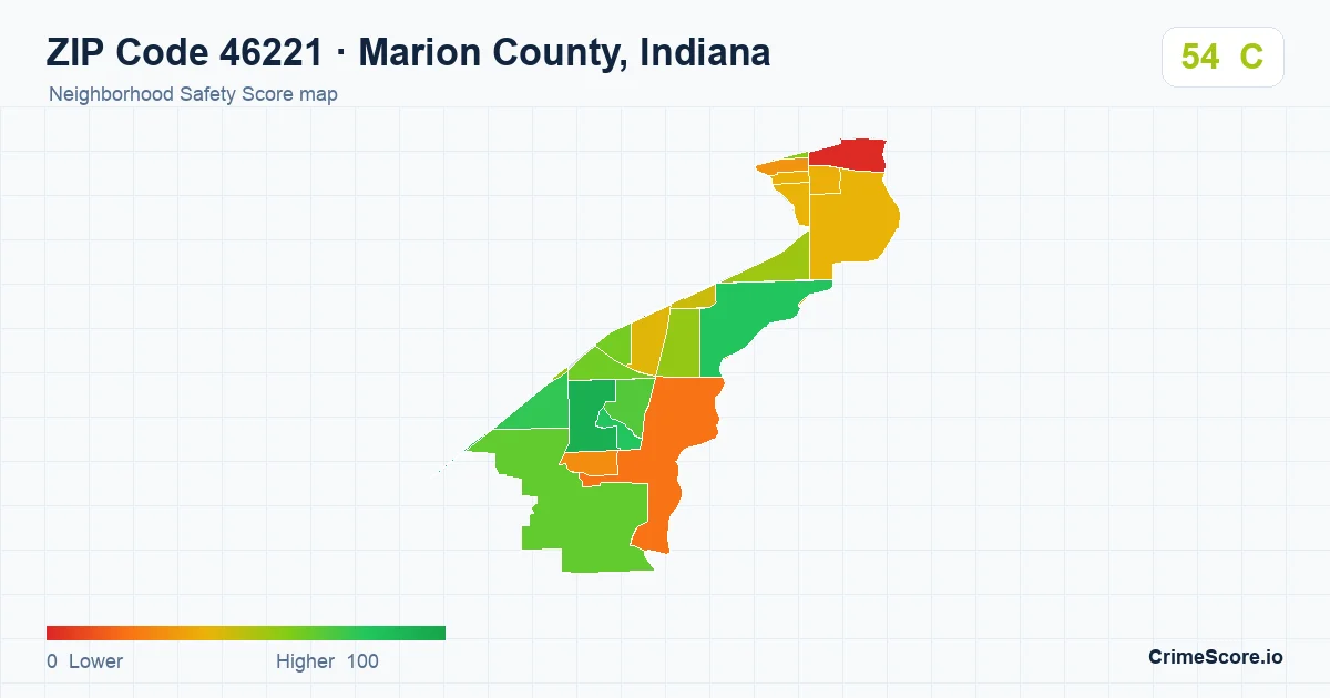 ZIP Code 46221 in Marion County, Indiana neighborhood Safety Score map
