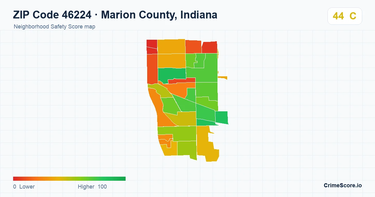 ZIP Code 46224 in Marion County, Indiana neighborhood Safety Score map