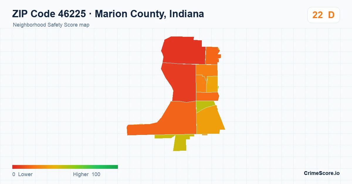 ZIP Code 46225 in Marion County, Indiana neighborhood Safety Score map
