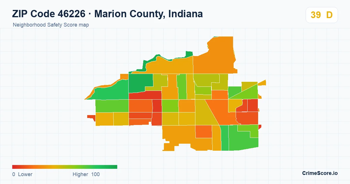 ZIP Code 46226 in Marion County, Indiana neighborhood Safety Score map
