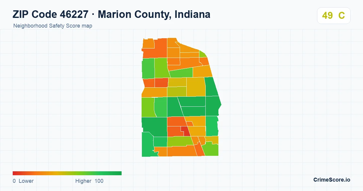 ZIP Code 46227 in Marion County, Indiana neighborhood Safety Score map