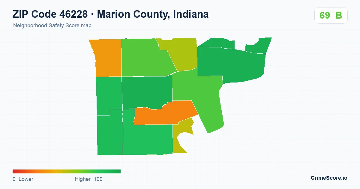 ZIP Code 46228 in Marion County, Indiana neighborhood Safety Score map