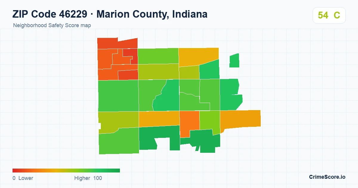 ZIP Code 46229 in Marion County, Indiana neighborhood Safety Score map
