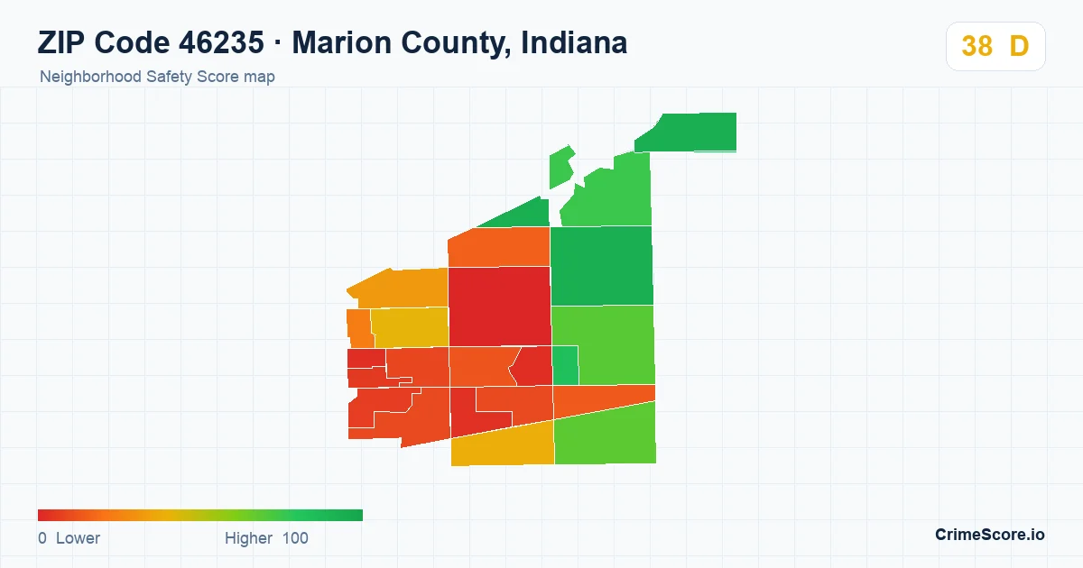 ZIP Code 46235 in Marion County, Indiana neighborhood Safety Score map