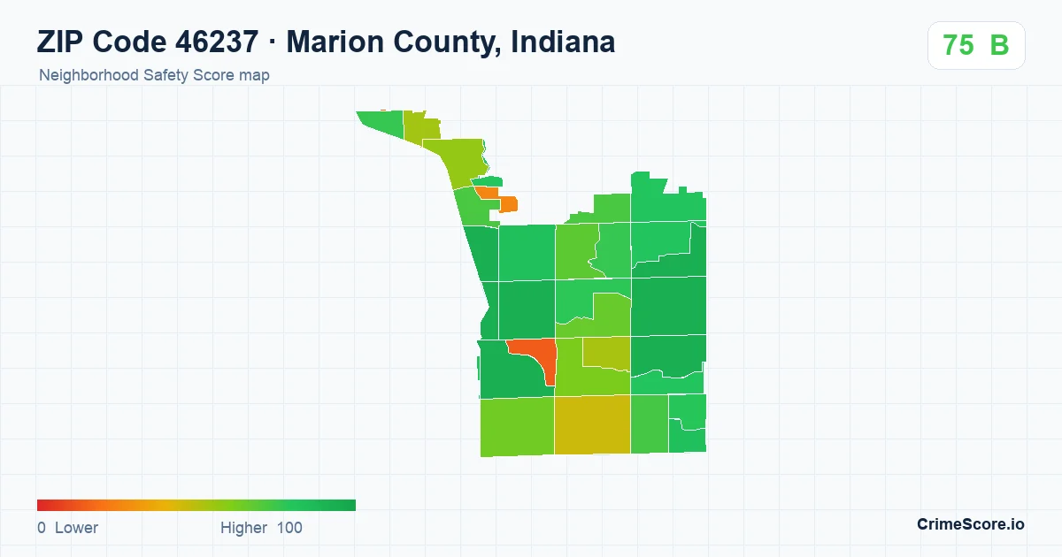 ZIP Code 46237 in Marion County, Indiana neighborhood Safety Score map