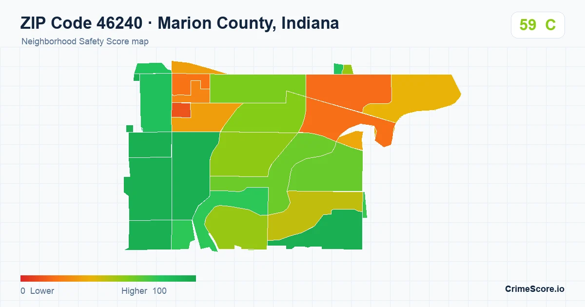 ZIP Code 46240 in Marion County, Indiana neighborhood Safety Score map