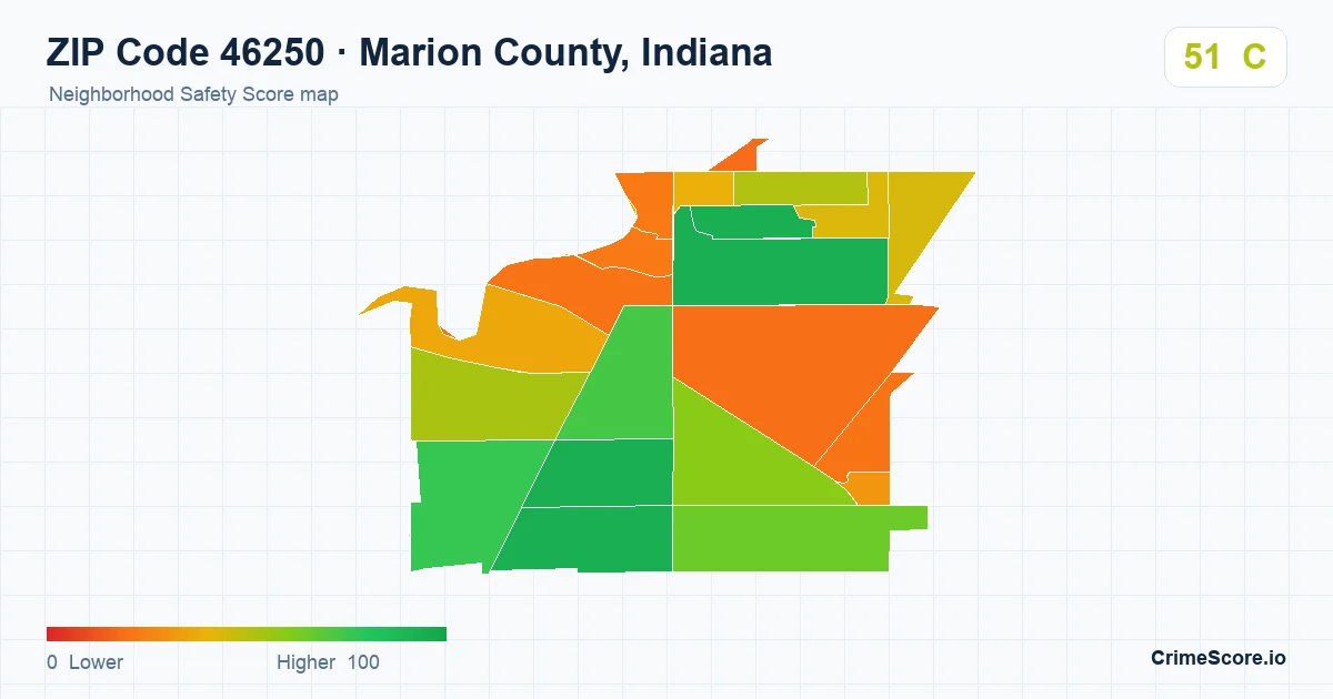ZIP Code 46250 in Marion County, Indiana neighborhood Safety Score map