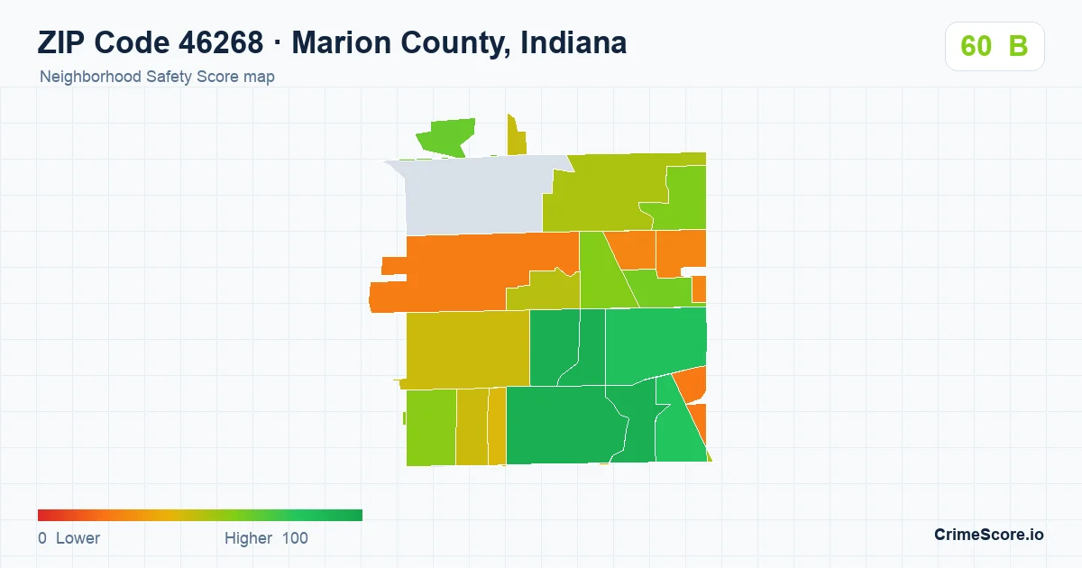 ZIP Code 46268 in Marion County, Indiana neighborhood Safety Score map