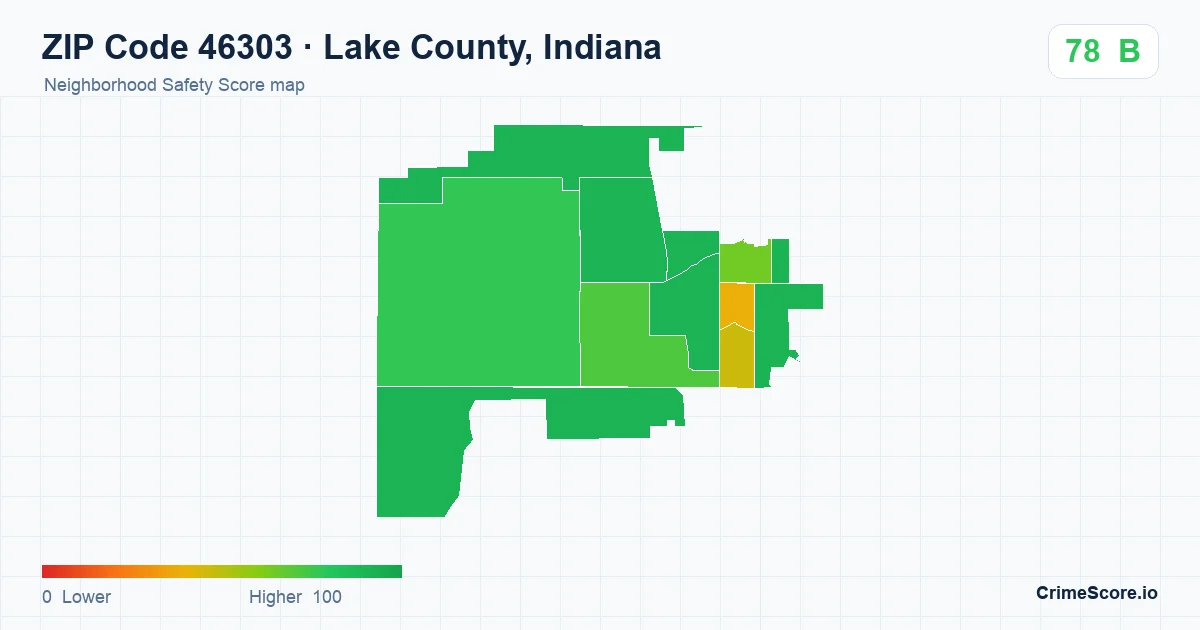 ZIP Code 46303 in Lake County, Indiana neighborhood Safety Score map